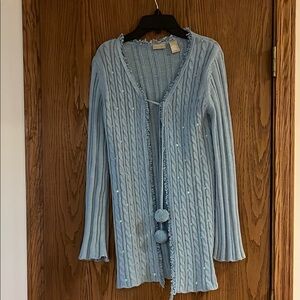 Marshall Fields Light Blue Knit Cardigan with Pom Poms Size Child Large (14)